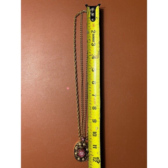 Vintage Gold Tone Pendant Necklace Red Millefiori Micromosaic Filigre Ornate 12" - Picture 2 of 5